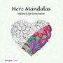 "Herz Mandalas: Malbuch für Erwachsene." Ein halbes Herz, links schwarz-weiß, rechts bunt mit floralen Mustern., Buch