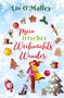 „Mein irisches Weihnachtswunder“ in roten und grünen Buchstaben. Illustrationen von Weihnachtssymbolen, Paar umarmt sich., Buch