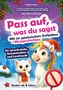 Titel: "Pass auf, was du sagst". Ein Einhorn und eine Katze in Weihnachtsstimmung, umgeben von Schnee.