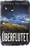 „Überflutet“, Sirkka Saltnes. Stürmische Küste mit Leuchtturm, Windrädern, Möwen und wildem Gras unter dunklem Himmel., Buch