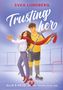 "Trusting Hero", Svea Lundberg. Illustration: Frau mit Keksen, Mann im Hockey-Outfit, beide mit Schal umarmt, Eishockey-Hintergrund., Buch