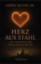 Text: "Jamie Rook Jr. Herz aus Stahl: Das Geheimnis der Völklinger Hütte. Thriller." Leuchtendes Herz, dunkler Industriehintergrund., Buch