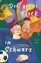 "Der grüne Fleck im Schwarz", Talia May. Illustration: Zwei Personen, bunte Kleidung, Sonnenblumen, Fußball., Buch