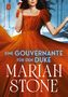 „Eine GOUVERNANTE für den DUKE. MARIAH STONE“. Frau in rotem Kleid hält ein Gebäck, Hintergrund in Blau., Buch
