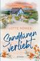 Text: "Lotte Römer, Sanddünen Verliebt, Roman" in dekorativer Schrift. Aquarellillustration eines Hauses, Dünen und Leuchtturm., Buch
