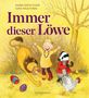 Titel: "Immer dieser Löwe". Ein fröhliches Kind mit Löwe, Dachs und Huhn in einer lebhaften Wiese., Buch