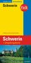 "Stadtplan extra", "Straßenverzeichnis mit Postleitzahlen", "Schwerin + Umgebungskarte", Logo: "Falk". Darunter Schlossansicht., Karten