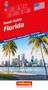 "Road Guide Florida" in weißem Text auf rotem Hintergrund, darunter Palmen, Wasser und die Skyline einer Stadt., Karten