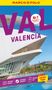 „VALENCIA“ in lila Schrift auf weißem Gebäude, unten Palmen und Wasser, gelbes Banner mit „Reisen mit Insider Tipps“., Buch