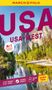 "USA WEST"; "Nr.1 meistgekaufter Reiseführer"; "URLAUBS PLANER"; Naturkulisse mit Berg, Fluss und Bäumen., Buch
