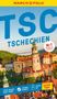 TEXTE: "Nr.1 meistgekaufter Reiseführer", "TSCHECHIEN", "URLAUBS PLANER", "ERLEBNIS GARANTIE", "TOUREN APP", "Insider Tipps".

OBJEKTEN: Ein Schloss und rote Dächer, grüner Hügelhintergrund., Buch