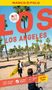 Große rote Buchstaben "LOS ANGELES", oben "MARCO POLO". Menschen radeln und gehen an Palmen vorbei auf einem sonnigen Strandweg., Buch