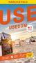 Text: "USE USEDOM", "Nr.1 Meistgekaufter Reiseführer", "URLAUBSPLANER", "ERLEBNISGARANTIE", "TOUREN APP", "Insider Tipps". Illustriert Strandkörbe bei Sonnenaufgang., Buch