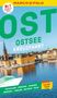 Text: „OST, OSTSEE KREUZFAHRT.“ Oben: Gelbes MARCO POLO Logo. Unten: Schiff vor Stadtkulisse mit Wasser., Buch