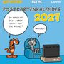 Titel: "SHIT HAPPENS! POSTKARTENKALENDER 2027". Zwei cartoonartige Katzen sprechen: "Du kriegst dein Leben nicht auf die Reihe!" - "Welches?"