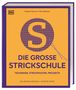 Titel: "Die Grosse Strickschule". Autoren: Frederica Patmore, Vikki Haffenden. Cover in orange und violett mit Nadelmotiv., Buch