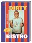 „Dirty Bistro“, „Max Strohe“, Mann mit Brille und Mohawk, gestreifter Hintergrund, zeigt Mittelfinger., Buch