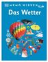 „DK Memo Wissen Kids: Das Wetter“. Bunter Heißluftballon, Tornado, Regenschirm, diverse Wetterobjekte auf blauem Hintergrund., Buch