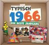 TYPISCH 1966 DER BESTE JAHRGANG. Spielzeugfigur, Foto zweier Polizisten, bunte Blumentasche, Kassette und Sunkist-Verpackung., Buch