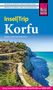 Titel: Insel|Trip Korfu. Kilometerlange Sandstrände. Klippenweg am Meer mit Wanderern, blauer Himmel, grünes, steiles Gelände.