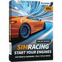 "SIMRACING START YOUR ENGINES" auf einem Buchcover mit einem schnellen, orangefarbenen Auto in einem futuristischen Tunnel., Buch