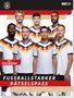 "FUSSBALLSTARKER RÄTSELSPASS", "MIT STICKERN!", sieben Fußballspieler in weißen Trikots mit Deutschland-Design., Buch