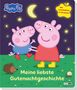 "Meine liebste Gutenachtgeschichte" und "Mit Leuchteffekt im Dunkeln!" Zwei Schweinefiguren, Mond, Sterne und ein Igel., Buch
