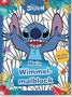„Mein Wimmelmalblock“ und „Mit vielen Stickern!“ auf tropischem Hintergrund mit Stitch, einem blauen außerirdischen Charakter., Buch