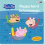 "Peppa lernt Schwimmen. Mein wasserstarkes Klappenbuch. Mit vielen Klappen!" Illustration von Peppa und Freunden im Pool., Buch