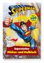 „Superman“ steht oben groß. „Über 400 Sticker!“ steht in einem gelben Kreis. Illustration von Superman und einem Hund., Buch