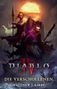 "Diablo IV: Die Verschollenen" von Matthew J. Kirby. Zwei Figuren vor einem großen, leuchtenden Sonnenuntergang., Buch
