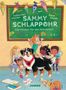 "Sammy Schlappohr: Vier Pfoten für den Schulstart." Kinder mit Hund vor Tafel, bunte Dekoration, Schulmaterial.