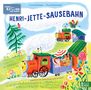 „Henri-Jette-Sausebahn“, bunte Illustration einer fröhlichen Zugfahrt mit Tieren und Menschen in einer grünen Landschaft., Buch