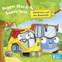 "Bagger Max & Laster Leni: Abenteuer auf der Baustelle". Ein fröhlicher gelber Bagger und ein blauer Laster mit Gesichtern. Ein Eichhörnchen im Baum., Buch