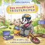 "Das wunderbare Trösterchen." Illustration: Ein Tier in Latzhose tröstet ein anderes mit Helm; Koffer und Rad liegen daneben., Buch