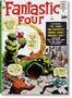 „The Fantastic Four“ in roter Schrift. Figuren kämpfen gegen ein grünes Monster. Dialoge in Sprechblasen. Comic-Cover.