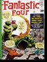 "Fantastic Four", Sprechblasen mit Dialogen zwischen Helden im Kampf gegen ein grünes Monster in einer Stadtumgebung., Buch