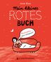 „Mein kleines rotes Buch“, „Menstruation - ganz entspannt!“. Rote Illustration mit Frau auf Sofa, liest Buch., Buch