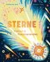 Text: "STERNE Fakten & Faszinierendes." Farbenfrohe Illustration eines explodierenden Sterns mit Strahlen und funkelnden Elementen., Buch