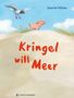 „Kringel will Meer“ in roter Schrift. Ein Schweinchen auf einem Hügel, eine Möwe fliegt darüber, blauer Himmel im Hintergrund., Buch