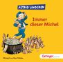 "Oetinger Audio" und "Immer dieser Michel" auf gelbem Hintergrund. Zeichnung: Junge in blauer Kleidung auf einem Baumstumpf., CD