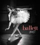 Text: "ballett 2027". Eine Ballerina in einem klassischen Tutu macht eine elegante Pose auf dem Parkettboden.
