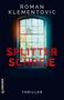 „Roman Klementovic. Splitterschreie. Thriller.” Altes Fenster mit Pflanzen dahinter in blauen und orange Tönen., Buch
