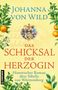 "Johanna von Wild. Das Schicksal der Herzogin. Historischer Roman."  Wappen und Zitrusfrüchte schmücken den Hintergrund.