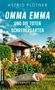 "Omma Emma und die Toten vom Schrebergarten" von Astrid Plötner. Ein Schrebergarten mit Blumen, Hütte und Gartenzwerg., Buch