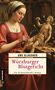 Der Text lautet "Uwe Klausner: Würzburger Blutgericht. Ein Riemenschneider-Roman". Eine Frau schnitzt an einer Holzfigur., Buch