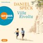 "Autorenlesung, Daniel Speck, Villa Rivolta, argon hörbuch. Zwei Kinder rennen fröhlich neben einem Gebäude.", 2 MP3-CDs