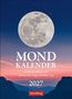 "Mondkalender 2027, 53 Wochenblätter mit praktischen Tipps. Ein großer Vollmond über einer Berglandschaft bei Dämmerung."