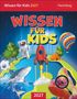 Cover mit Titel "Wissen für Kids 2027". Astronaut, Rakete, Heißluftballon, Fußballtor, Hai, Zelt, Chamäleon mit Lupe.