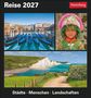 „Reise 2027“ oben, „Städte · Menschen · Landschaften“ unten. Drei Bilder: Boote, Kind in buntem Outfit, Küstenlandschaft., Kalender
